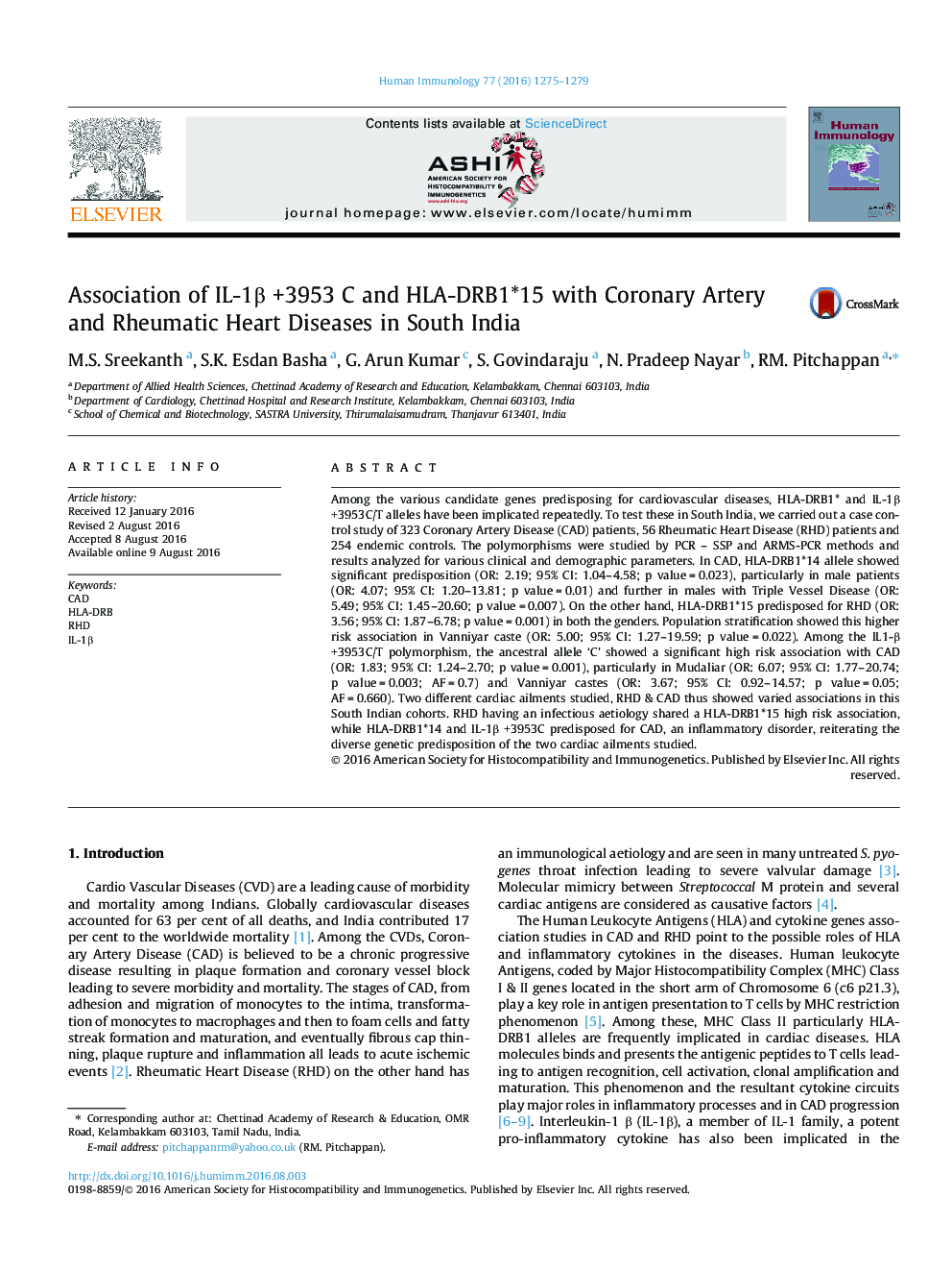 Association of IL-1Î² +3953 C and HLA-DRB1*15 with Coronary Artery and Rheumatic Heart Diseases in South India