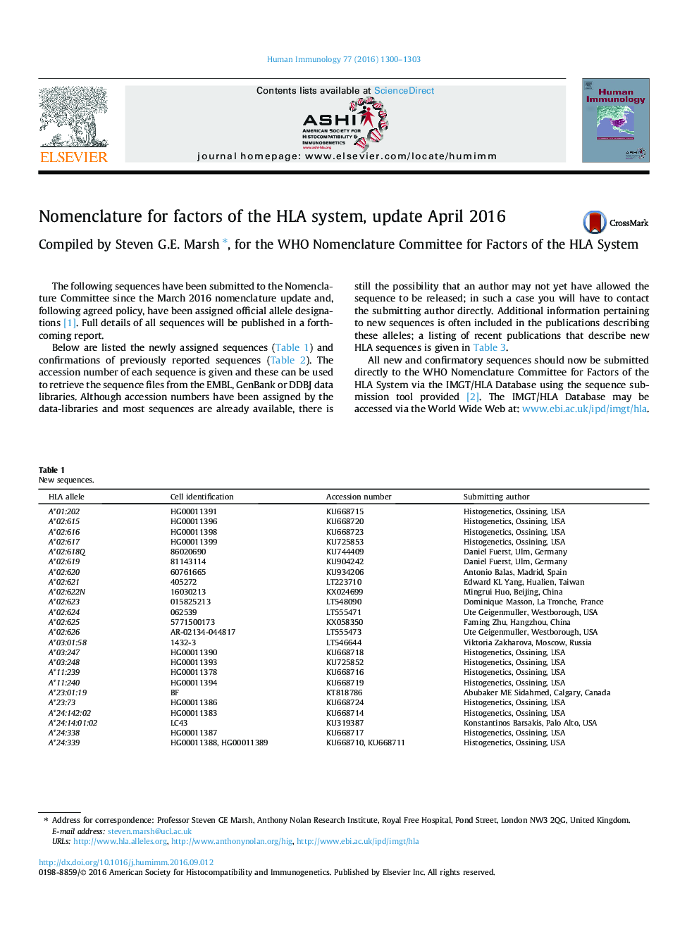 Nomenclature for factors of the HLA system, update April 2016
