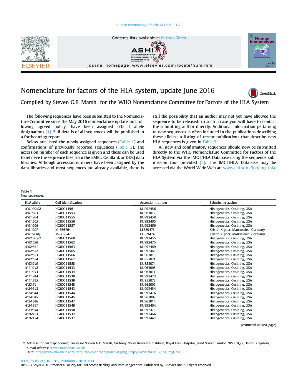 Nomenclature for factors of the HLA system, update June 2016