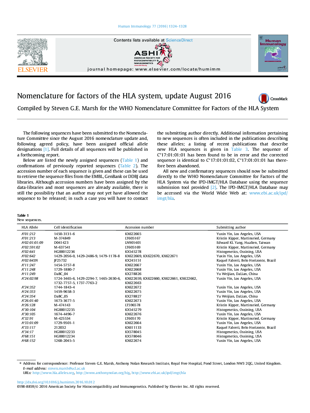 Nomenclature for factors of the HLA system, update August 2016
