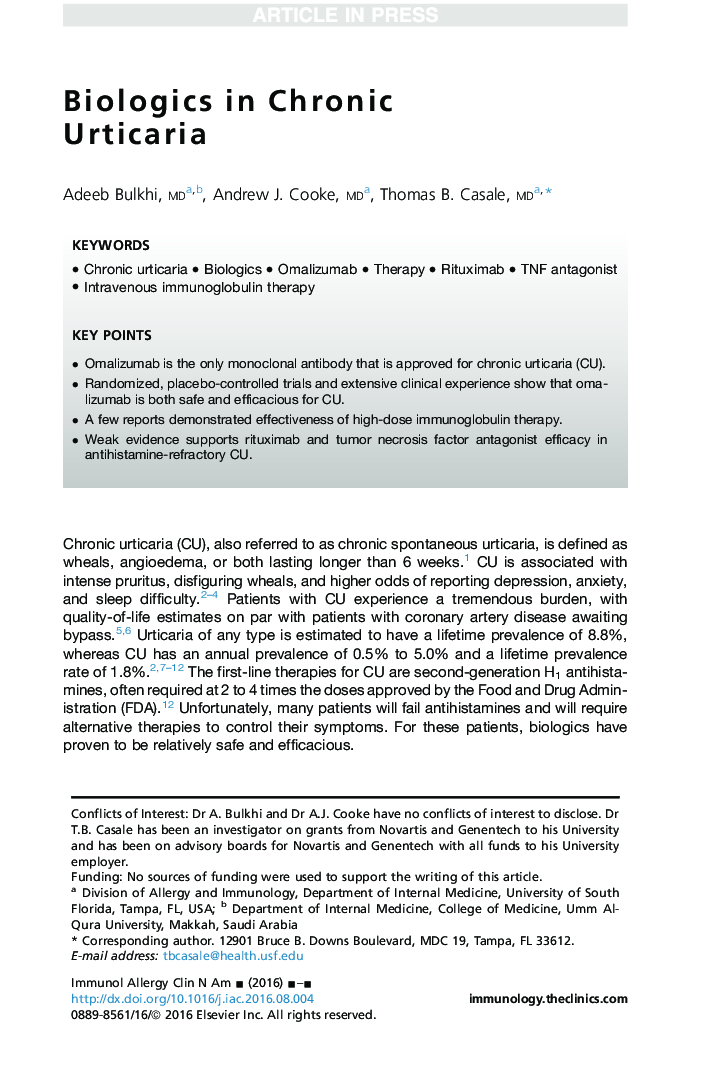 Biologics in Chronic Urticaria