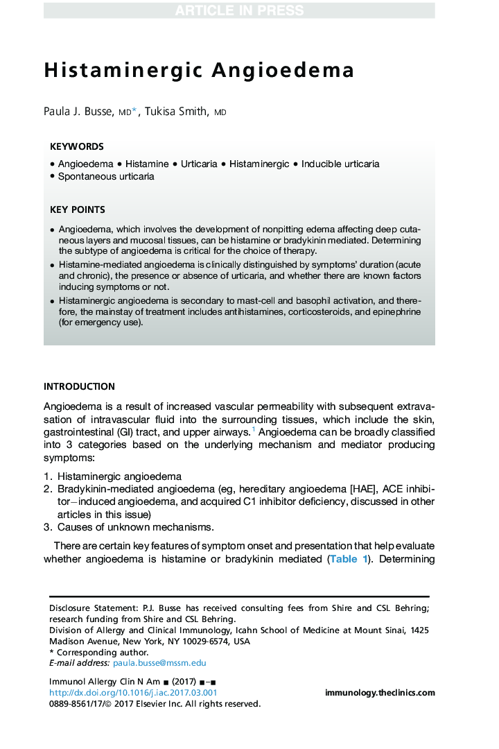 Histaminergic Angioedema