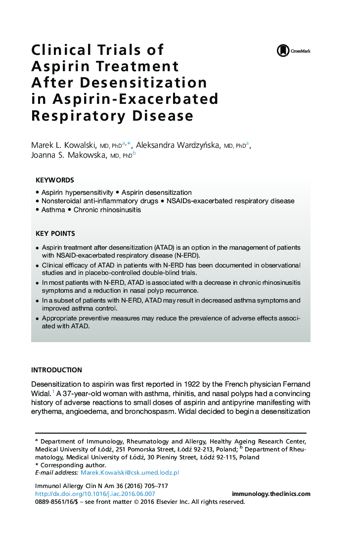 Clinical Trials of Aspirin Treatment After Desensitization in Aspirin-Exacerbated Respiratory Disease