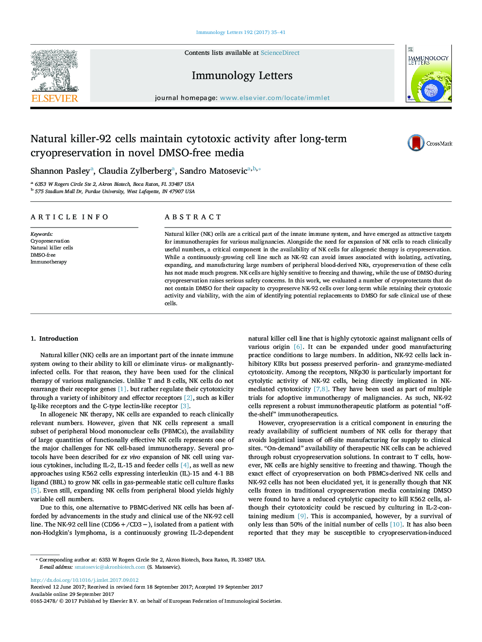 Natural killer-92 cells maintain cytotoxic activity after long-term cryopreservation in novel DMSO-free media