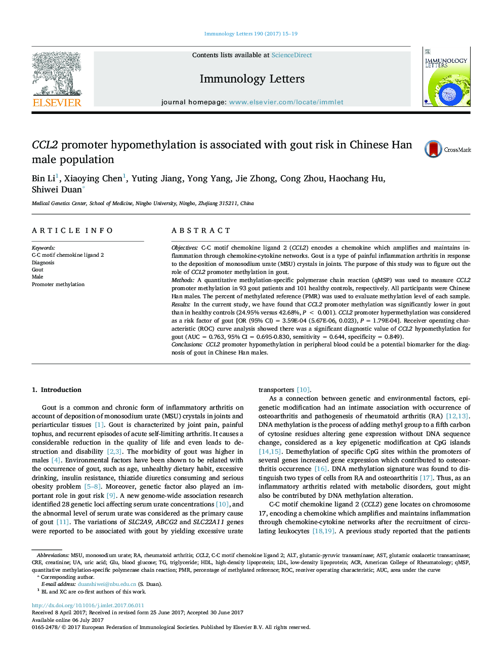 CCL2 promoter hypomethylation is associated with gout risk in Chinese Han male population