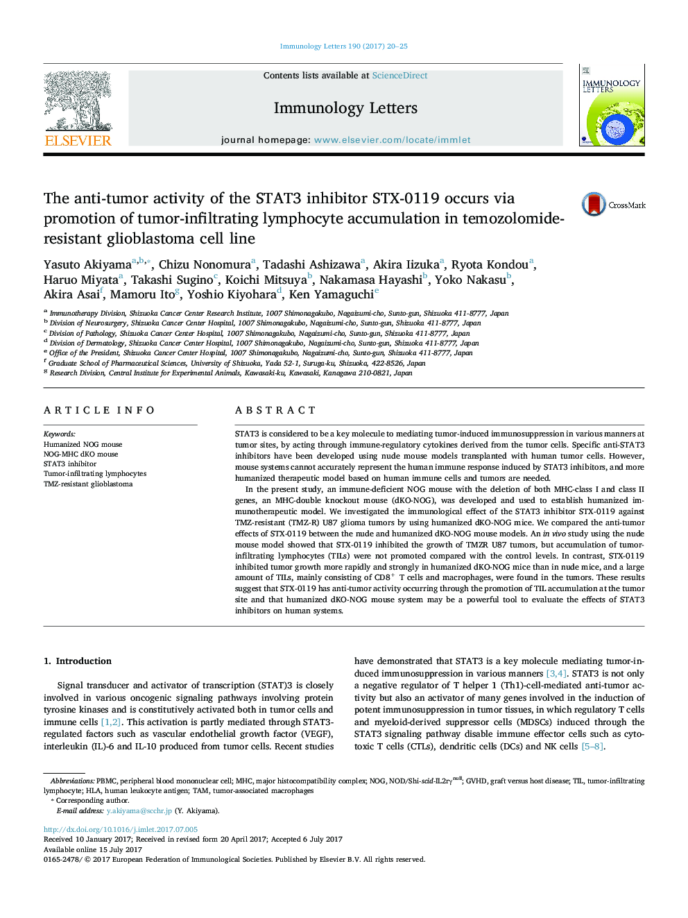 The anti-tumor activity of the STAT3 inhibitor STX-0119 occurs via promotion of tumor-infiltrating lymphocyte accumulation in temozolomide-resistant glioblastoma cell line