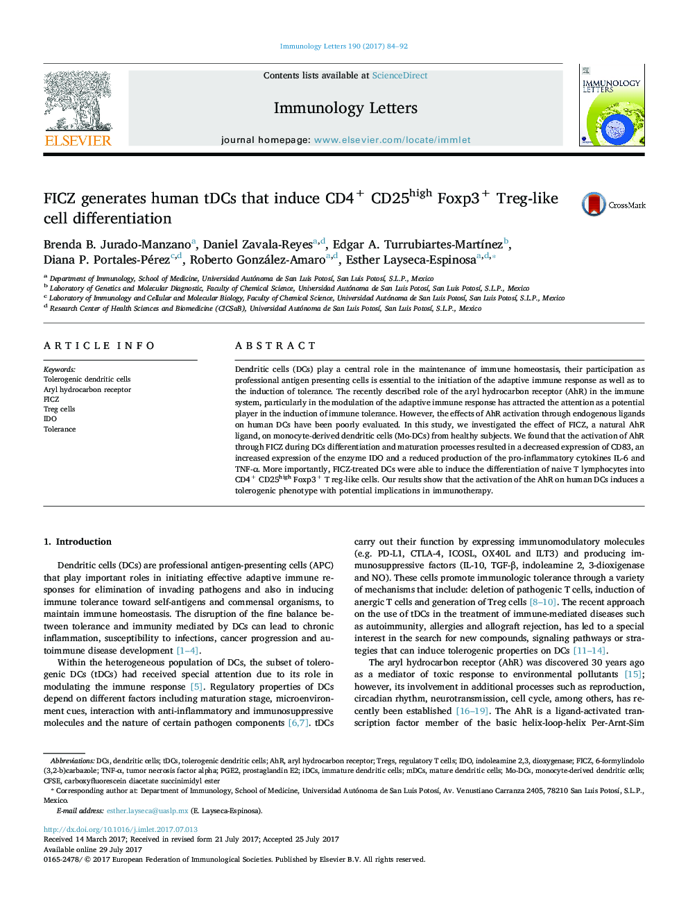 FICZ generates human tDCs that induce CD4+ CD25high Foxp3+ Treg-like cell differentiation