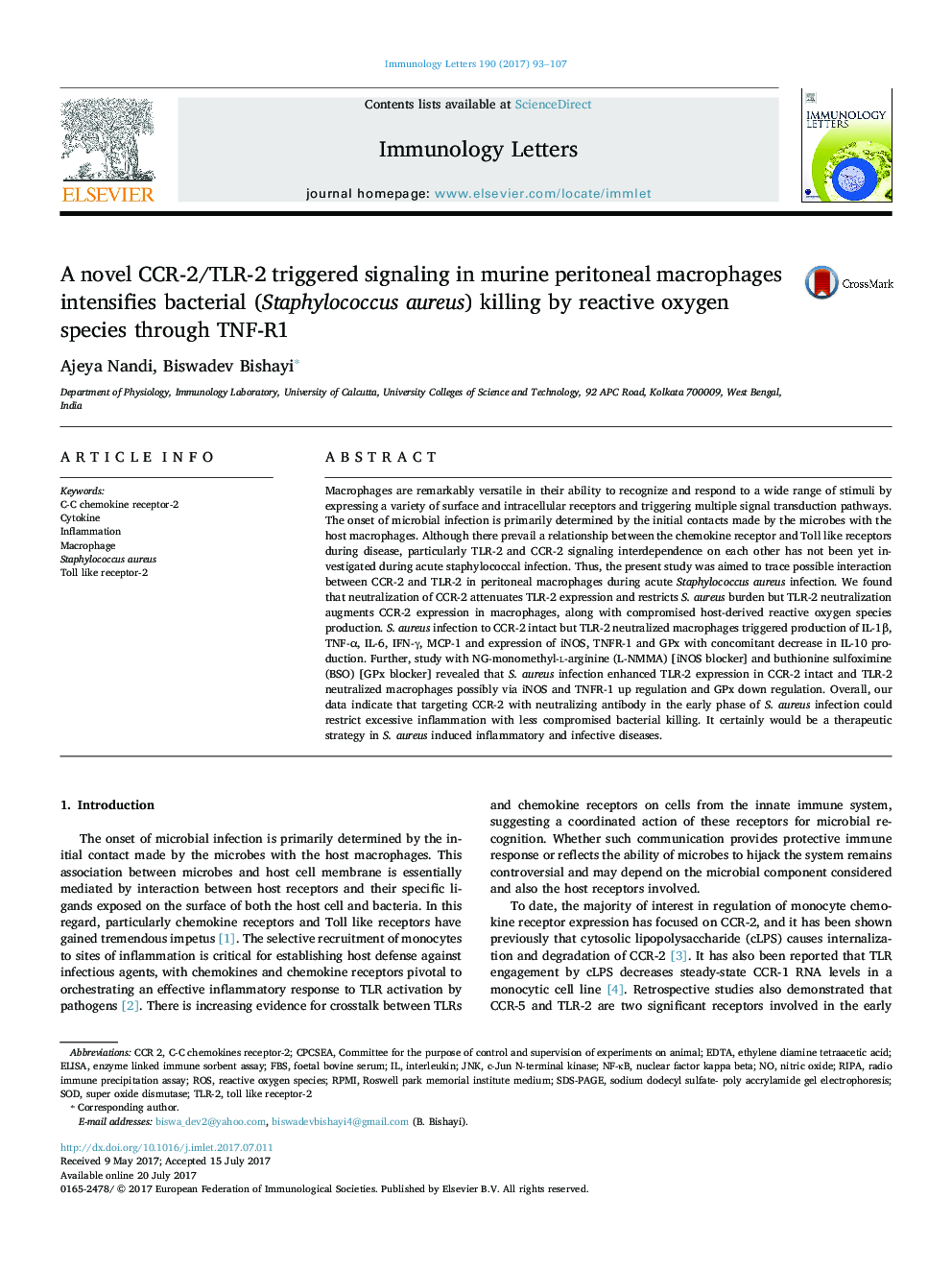 A novel CCR-2/TLR-2 triggered signaling in murine peritoneal macrophages intensifies bacterial (Staphylococcus aureus) killing by reactive oxygen species through TNF-R1