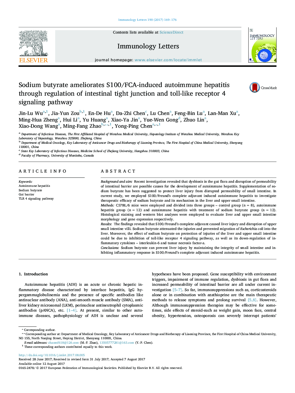 Sodium butyrate ameliorates S100/FCA-induced autoimmune hepatitis through regulation of intestinal tight junction and toll-like receptor 4 signaling pathway