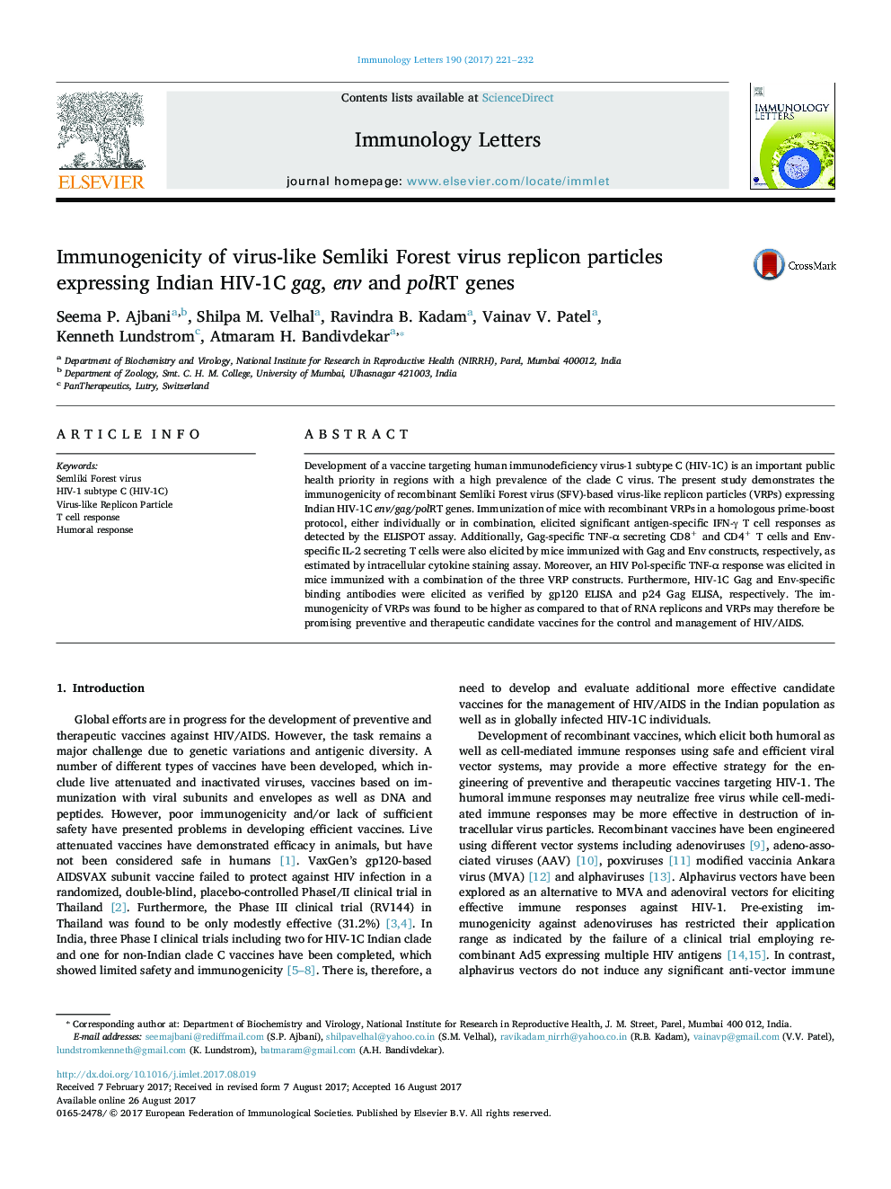 Immunogenicity of virus-like Semliki Forest virus replicon particles expressing Indian HIV-1C gag, env and polRT genes