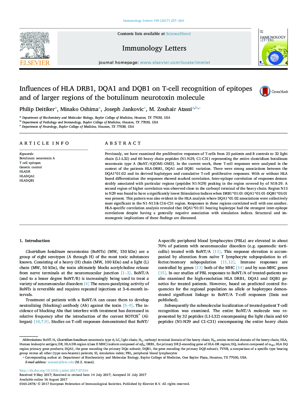 Influences of HLA DRB1, DQA1 and DQB1 on T-cell recognition of epitopes and of larger regions of the botulinum neurotoxin molecule