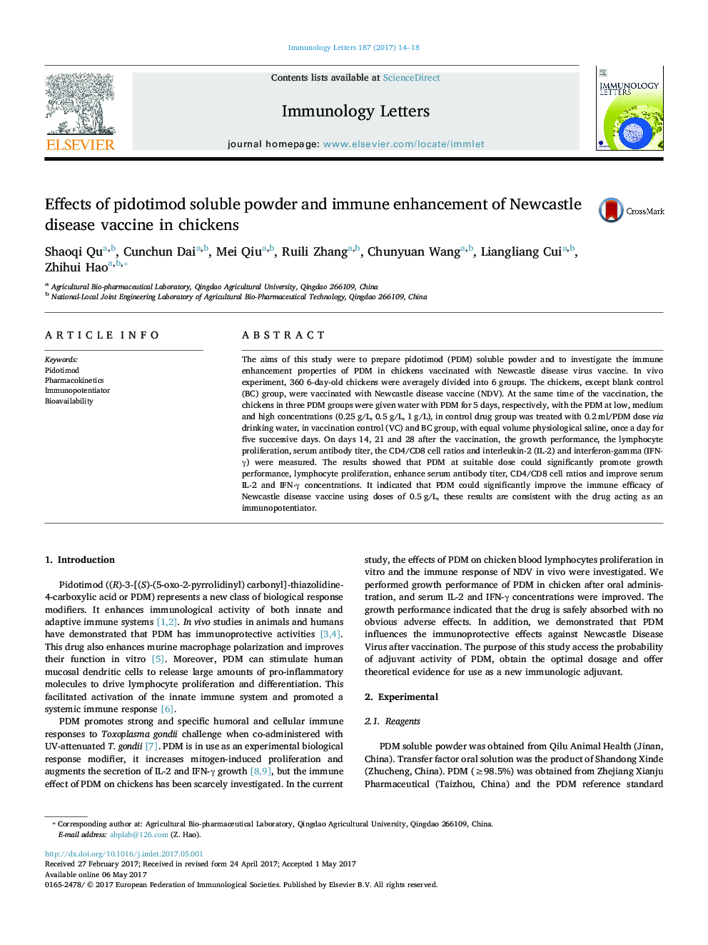 Effects of pidotimod soluble powder and immune enhancement of Newcastle disease vaccine in chickens