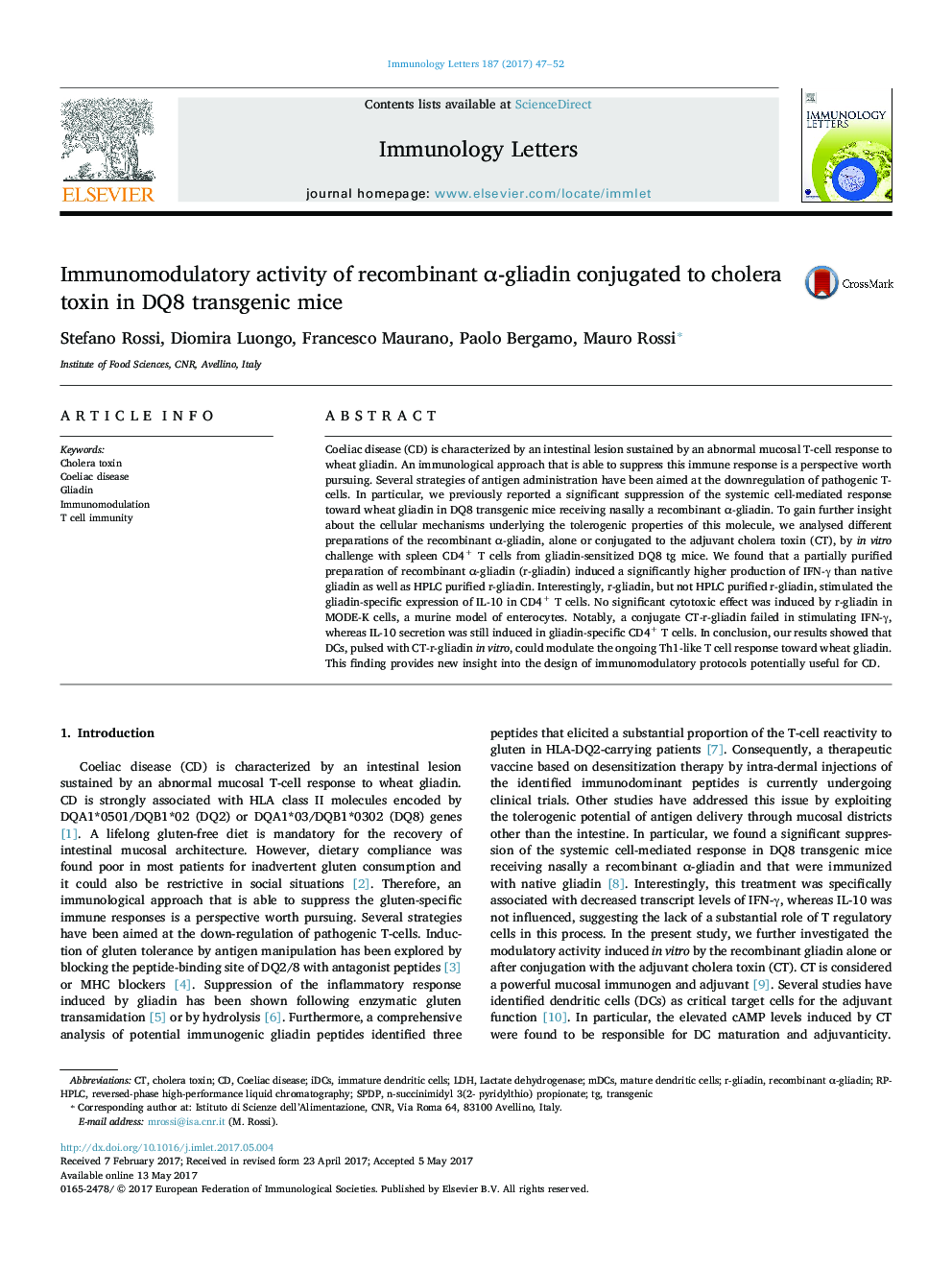 Immunomodulatory activity of recombinant Î±-gliadin conjugated to cholera toxin in DQ8 transgenic mice