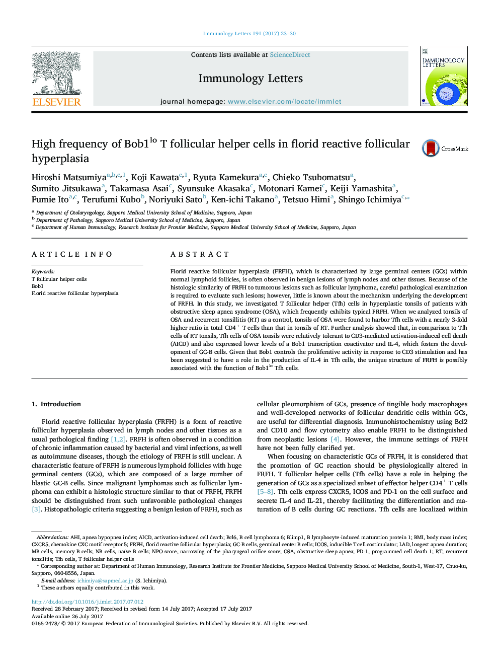 High frequency of Bob1lo T follicular helper cells in florid reactive follicular hyperplasia