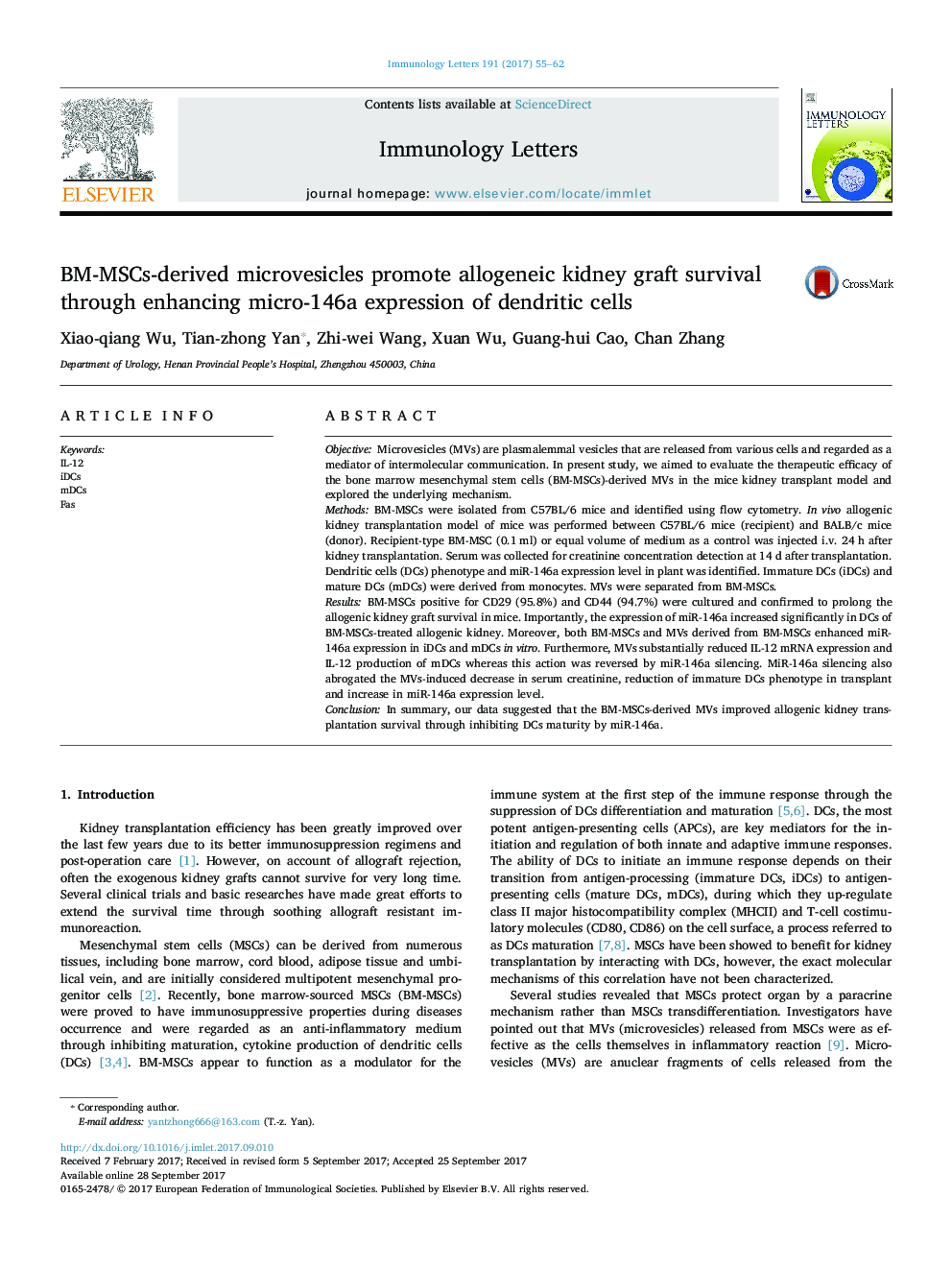 BM-MSCs-derived microvesicles promote allogeneic kidney graft survival through enhancing micro-146a expression of dendritic cells