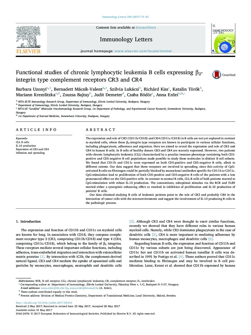 Functional studies of chronic lymphocytic leukemia B cells expressing Î²2-integrin type complement receptors CR3 and CR4