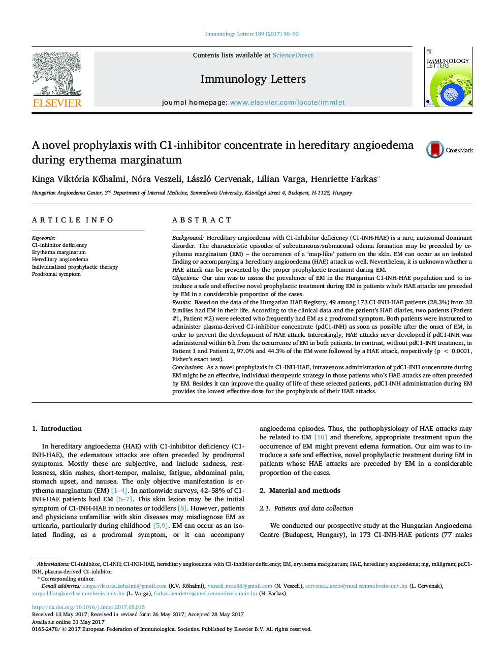 عکس صفحه اول مقاله: A novel prophylaxis with C1-inhibitor concentrate in hereditary angioedema during erythema marginatum A novel prophylaxis with C1-inhibitor concentrate in hereditary angioedema during erythema marginatum