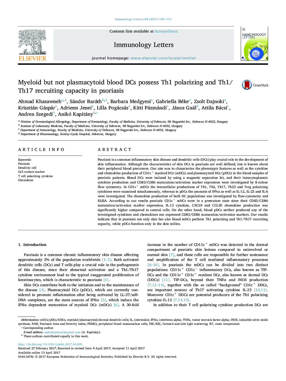 Myeloid but not plasmacytoid blood DCs possess Th1 polarizing and Th1/Th17 recruiting capacity in psoriasis