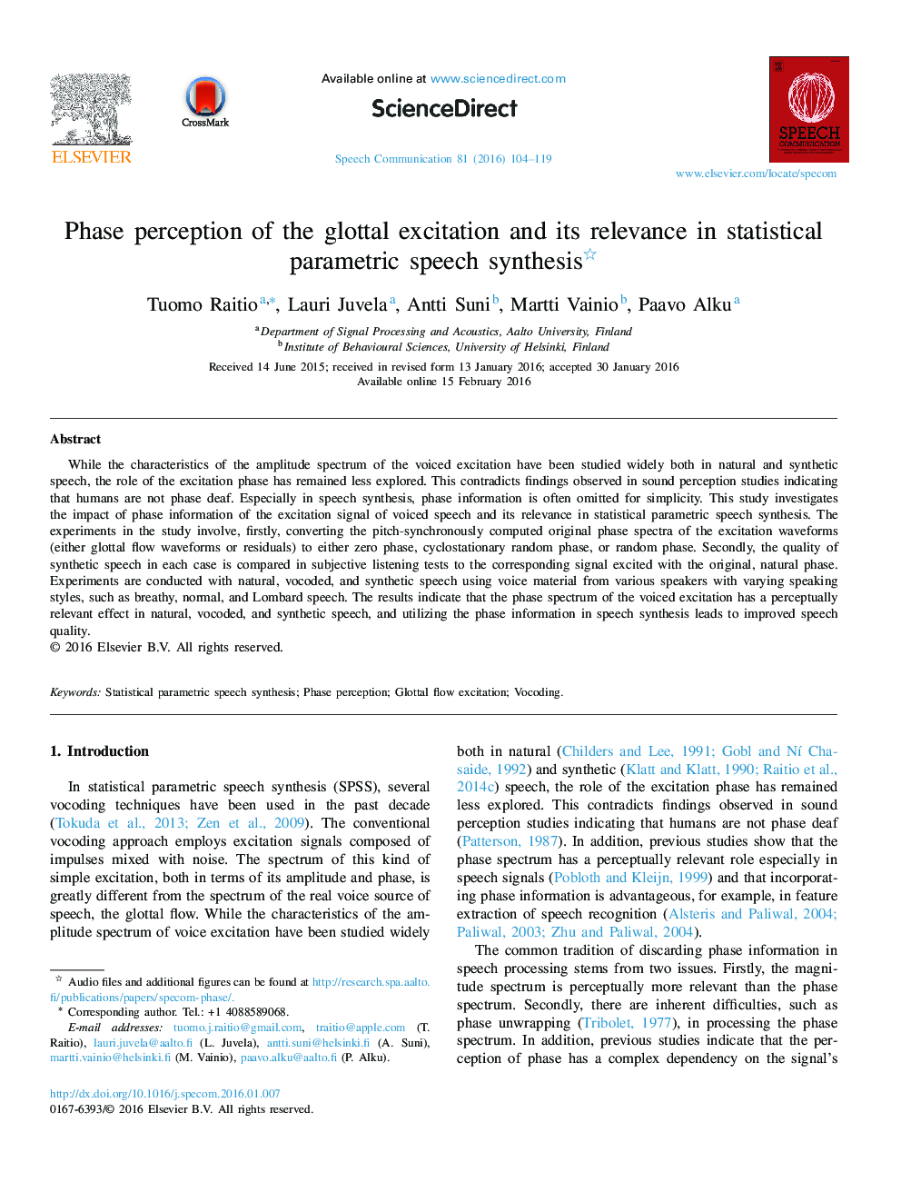 Phase perception of the glottal excitation and its relevance in statistical parametric speech synthesis 