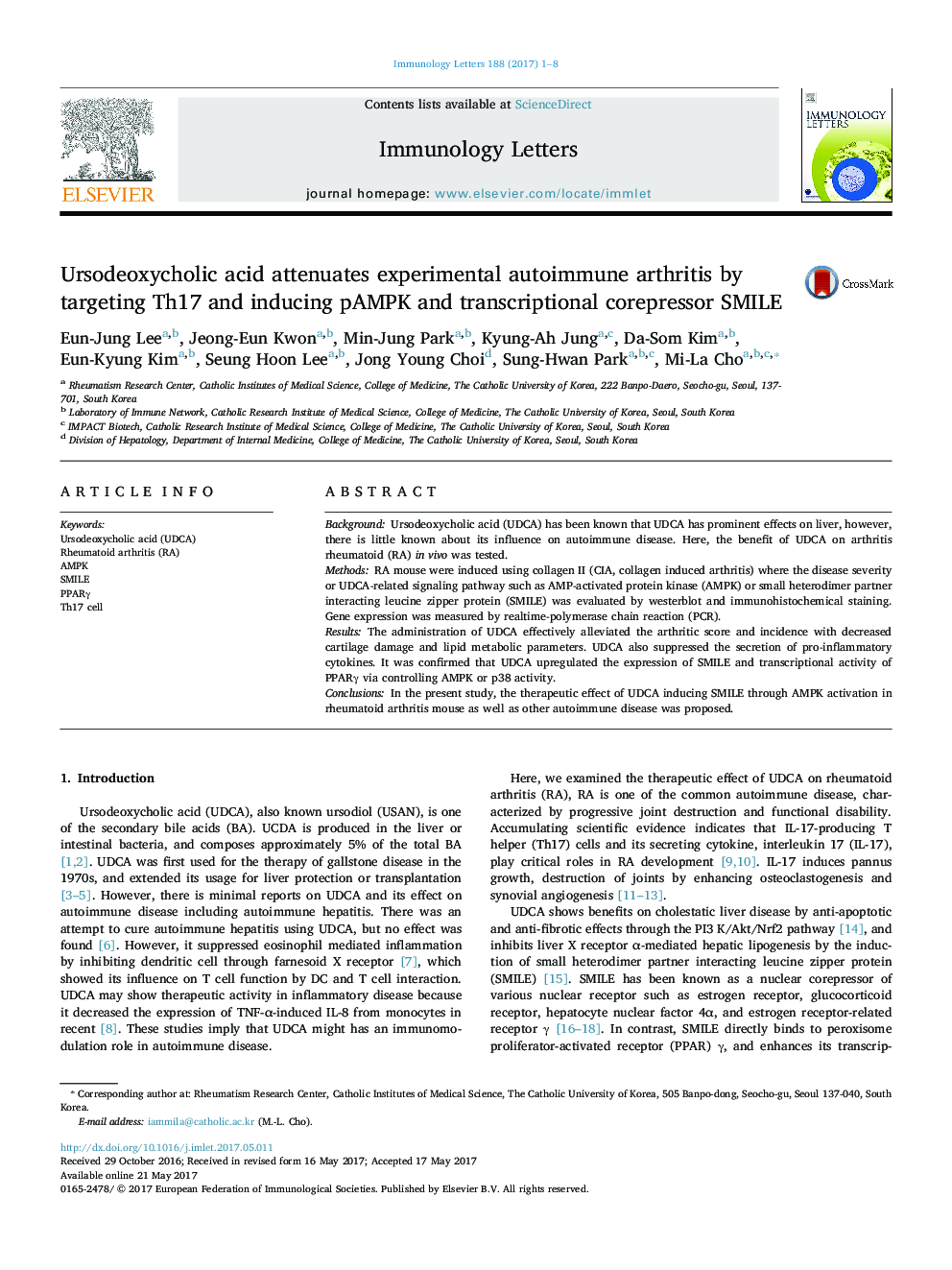 Ursodeoxycholic acid attenuates experimental autoimmune arthritis by targeting Th17 and inducing pAMPK and transcriptional corepressor SMILE