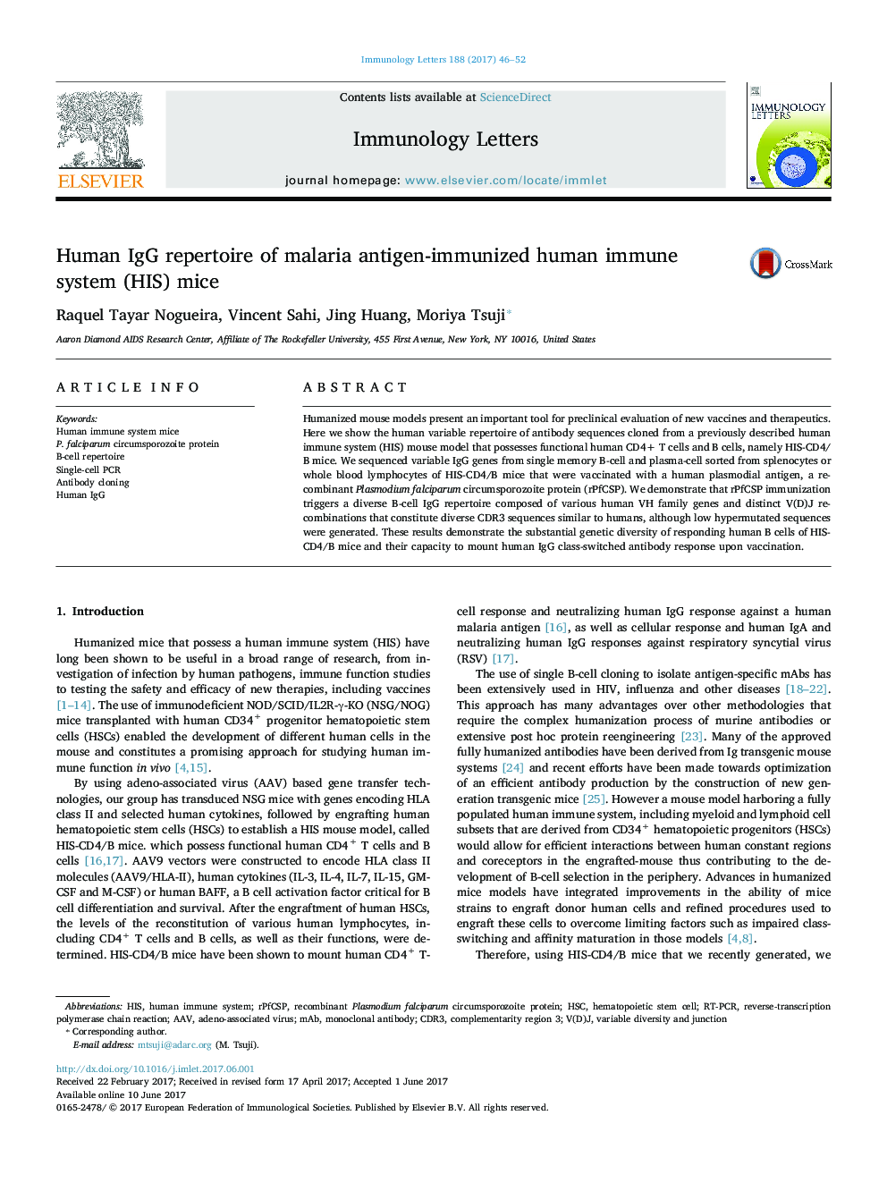 Human IgG repertoire of malaria antigen-immunized human immune system (HIS) mice