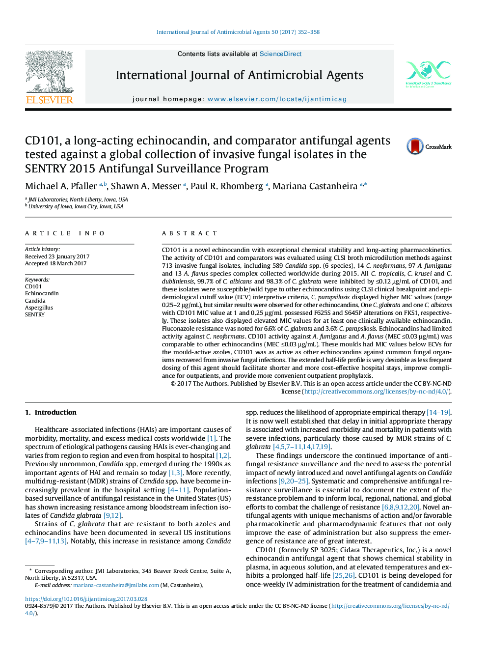 CD101, a long-acting echinocandin, and comparator antifungal agents tested against a global collection of invasive fungal isolates in the SENTRY 2015 Antifungal Surveillance Program