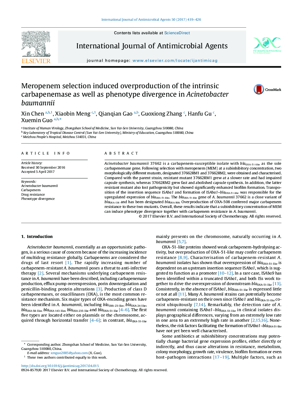 Meropenem selection induced overproduction of the intrinsic carbapenemase as well as phenotype divergence in Acinetobacter baumannii