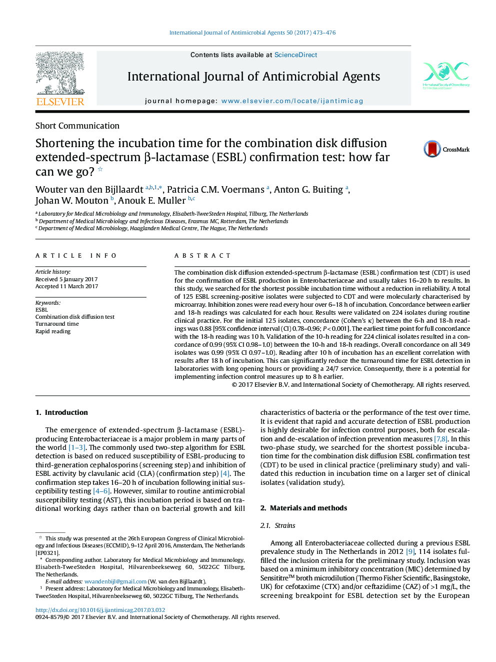 Shortening the incubation time for the combination disk diffusion extended-spectrum Î²-lactamase (ESBL) confirmation test: how far can we go?