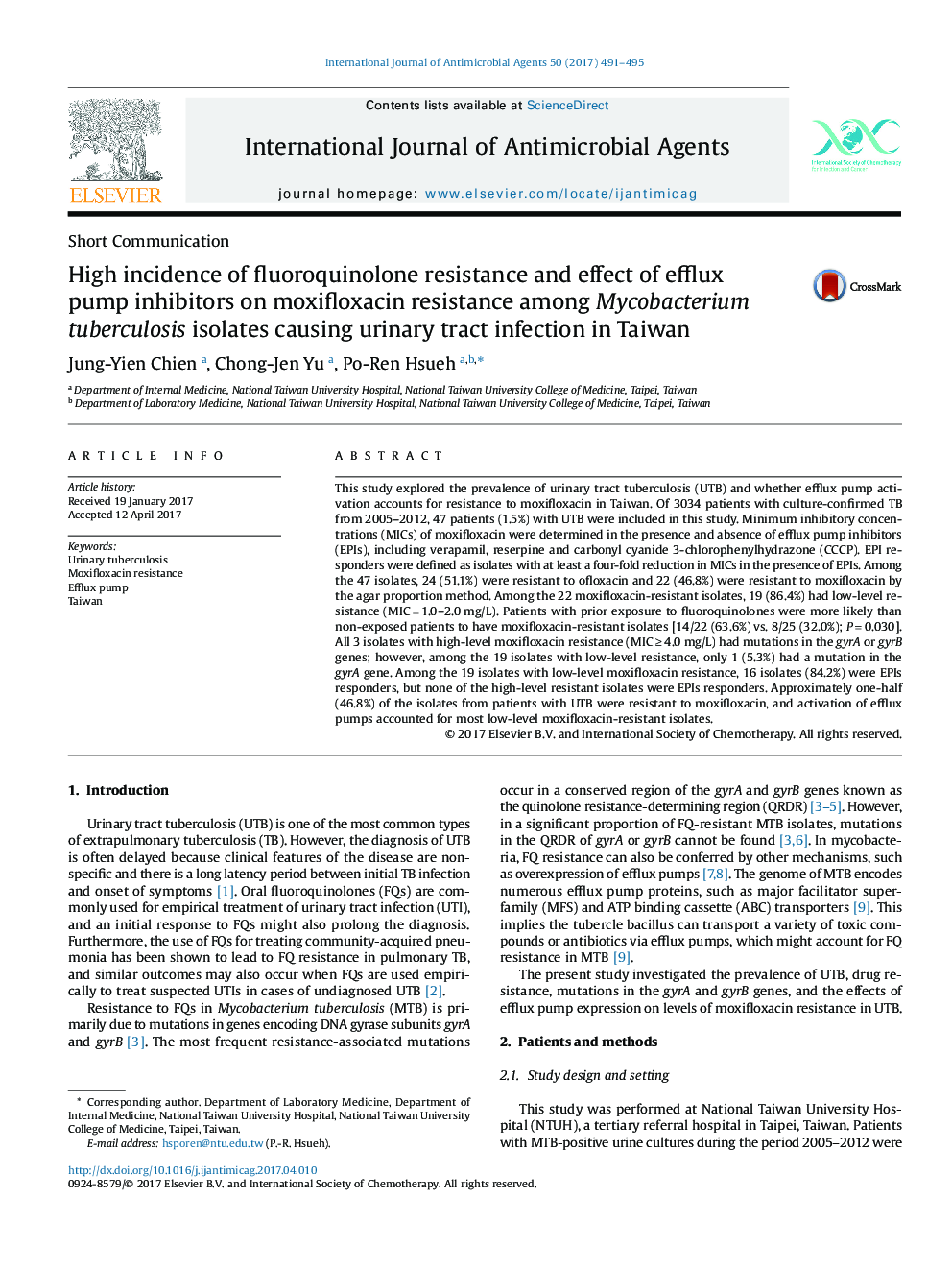 High incidence of fluoroquinolone resistance and effect of efflux pump inhibitors on moxifloxacin resistance among Mycobacterium tuberculosis isolates causing urinary tract infection in Taiwan