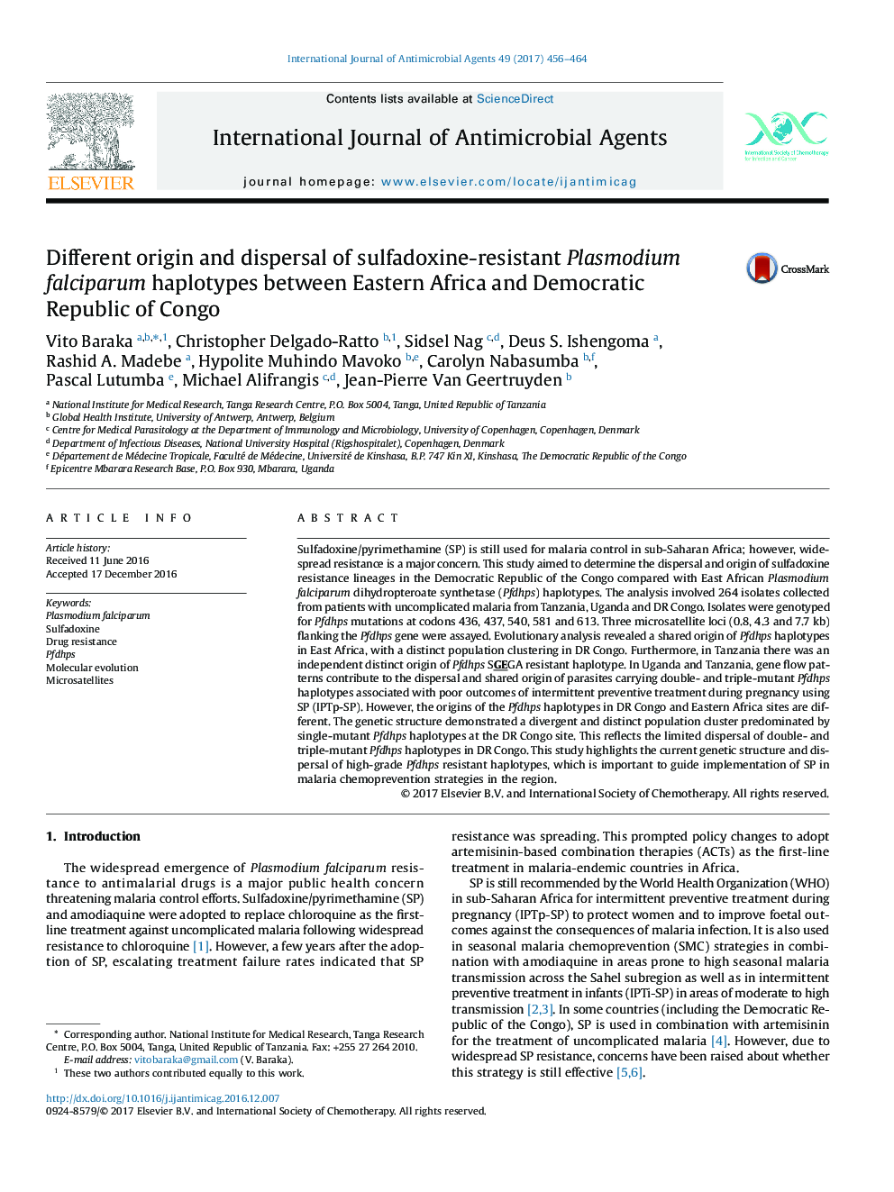 Different origin and dispersal of sulfadoxine-resistant Plasmodium falciparum haplotypes between Eastern Africa and Democratic Republic of Congo