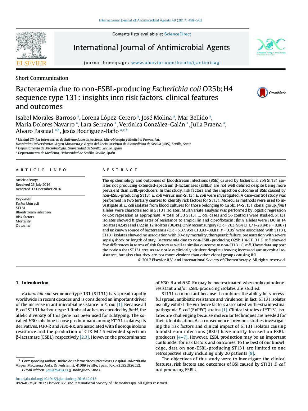 Bacteraemia due to non-ESBL-producing Escherichia coli O25b:H4 sequence type 131: insights into risk factors, clinical features and outcomes