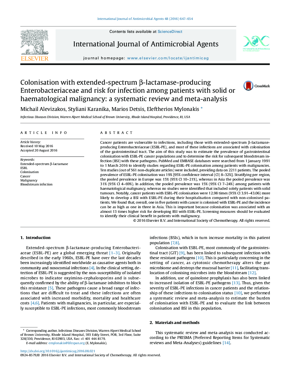 Colonisation with extended-spectrum Î²-lactamase-producing Enterobacteriaceae and risk for infection among patients with solid or haematological malignancy: a systematic review and meta-analysis