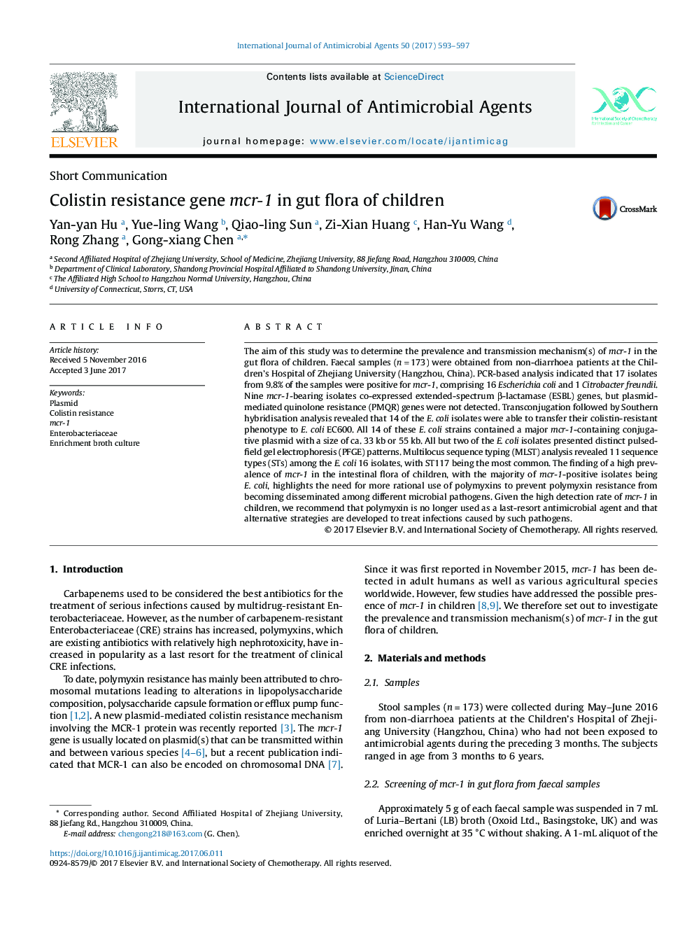 Colistin resistance gene mcr-1 in gut flora of children