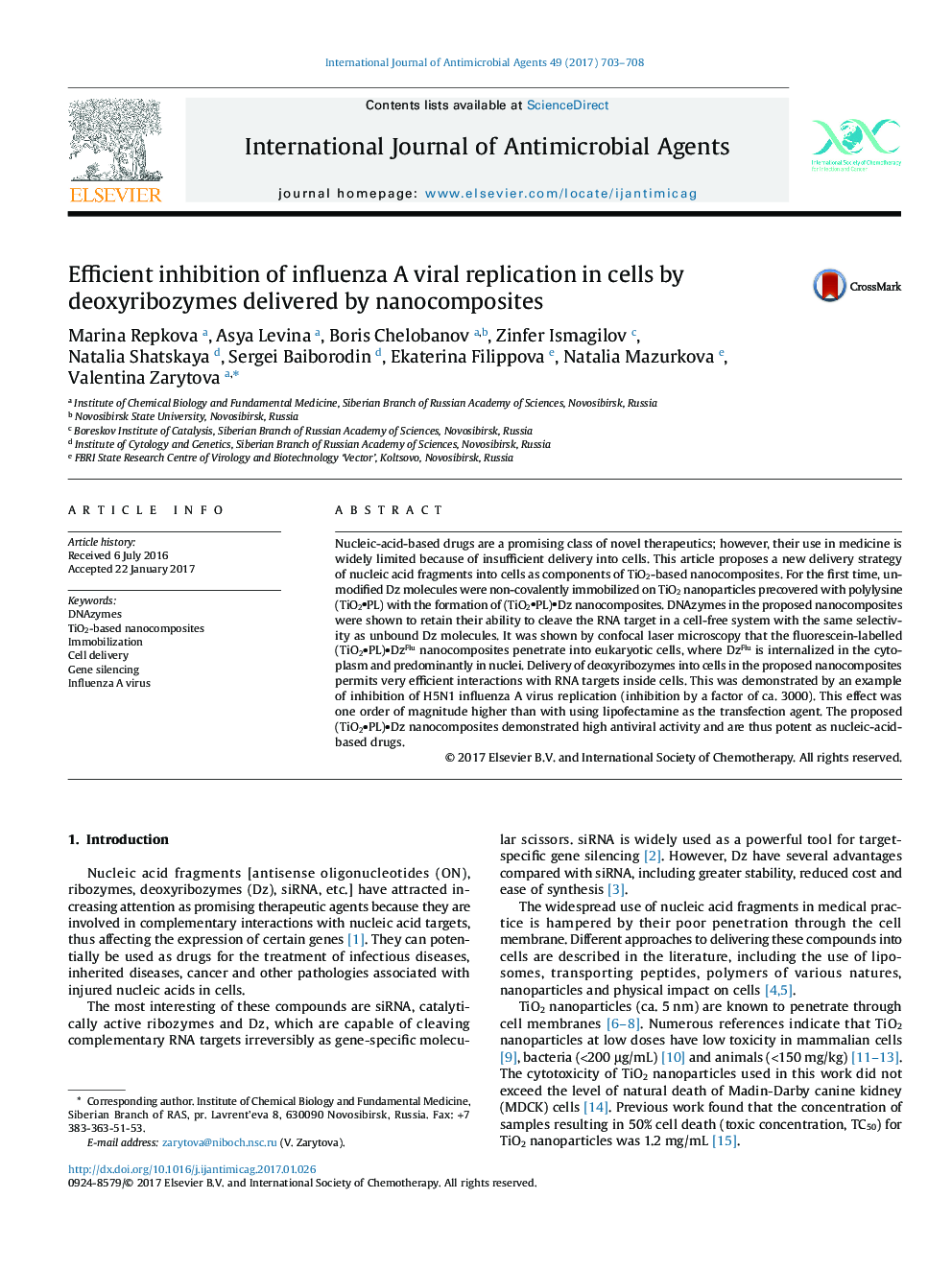 Efficient inhibition of influenza A viral replication in cells by deoxyribozymes delivered by nanocomposites