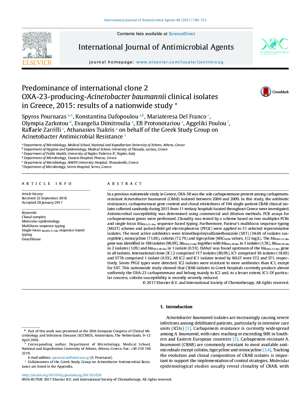 Predominance of international clone 2 OXA-23-producing-Acinetobacter baumannii clinical isolates in Greece, 2015: results of a nationwide studyâ