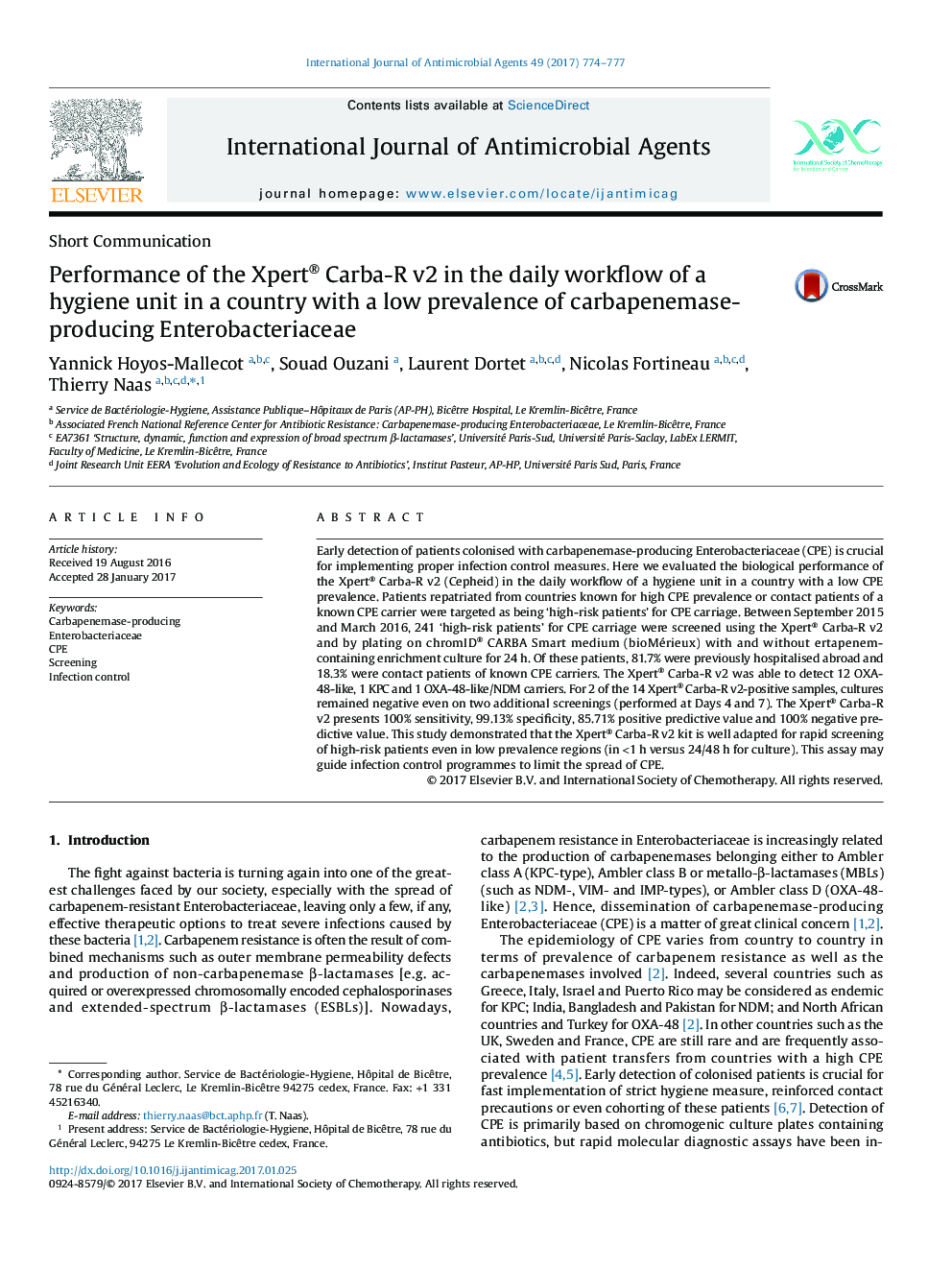 Performance of the Xpert® Carba-R v2 in the daily workflow of a hygiene unit in a country with a low prevalence of carbapenemase-producing Enterobacteriaceae