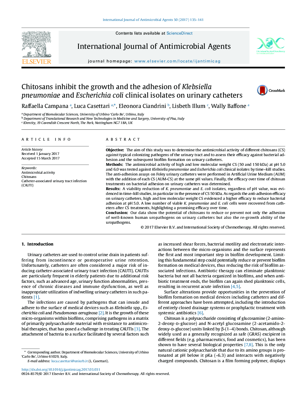 Chitosans inhibit the growth and the adhesion of Klebsiella pneumoniae and Escherichia coli clinical isolates on urinary catheters