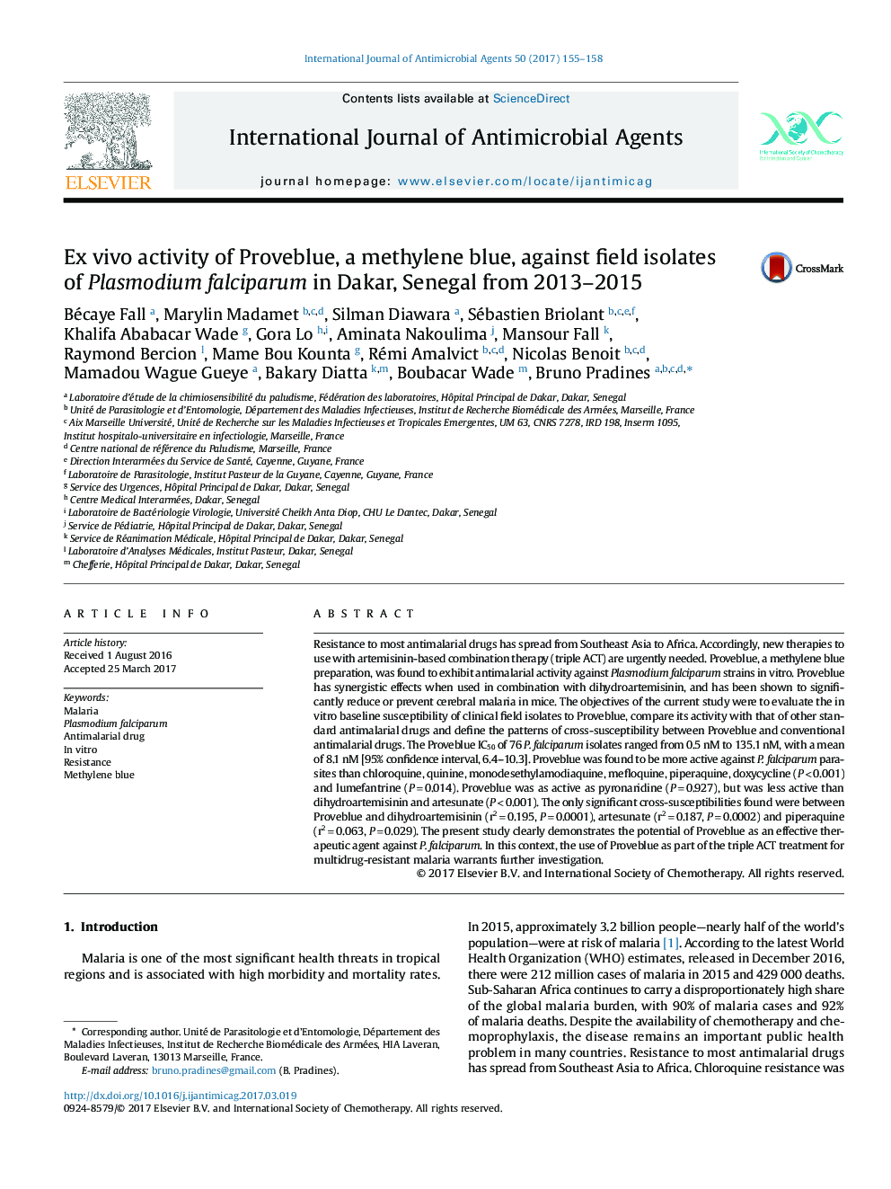 Ex vivo activity of Proveblue, a methylene blue, against field isolates of Plasmodium falciparum in Dakar, Senegal from 2013-2015