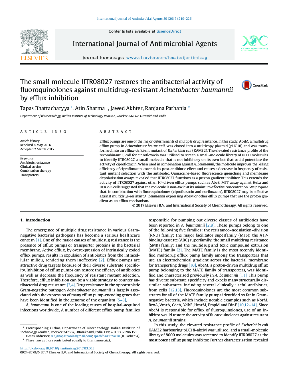 The small molecule IITR08027 restores the antibacterial activity of fluoroquinolones against multidrug-resistant Acinetobacter baumannii by efflux inhibition