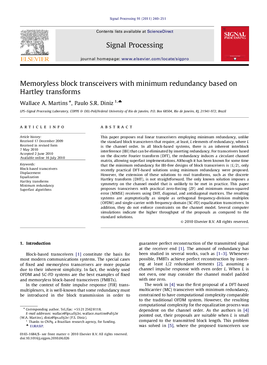 Memoryless block transceivers with minimum redundancy based on Hartley transforms