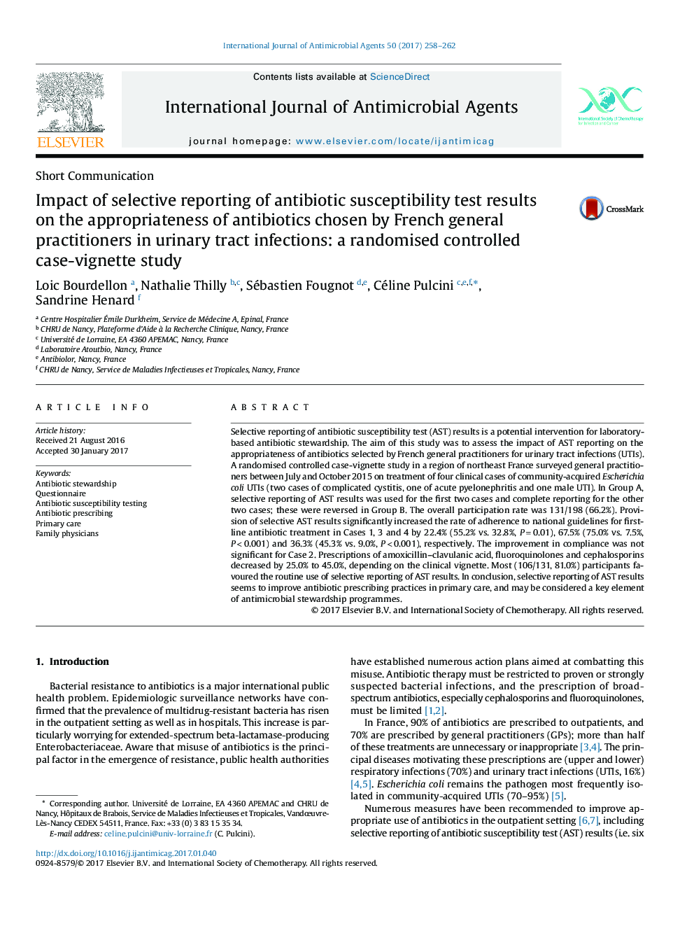 Impact of selective reporting of antibiotic susceptibility test results on the appropriateness of antibiotics chosen by French general practitioners in urinary tract infections: a randomised controlled case-vignette study