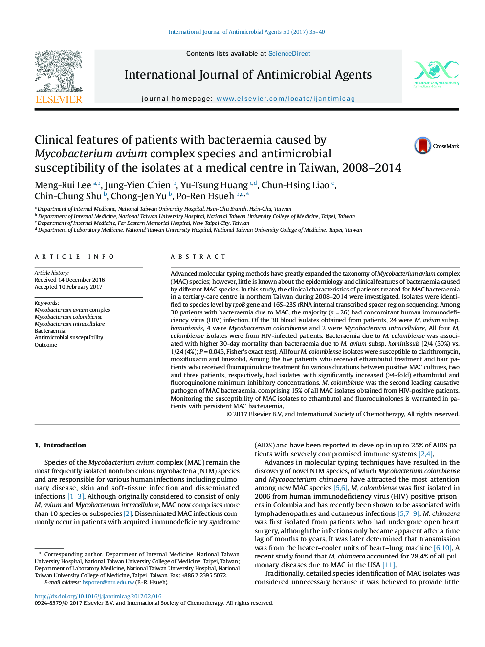 Clinical features of patients with bacteraemia caused by Mycobacterium avium complex species and antimicrobial susceptibility of the isolates at a medical centre in Taiwan, 2008-2014