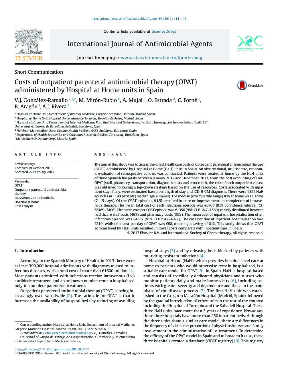 Costs of outpatient parenteral antimicrobial therapy (OPAT) administered by Hospital at Home units in Spain