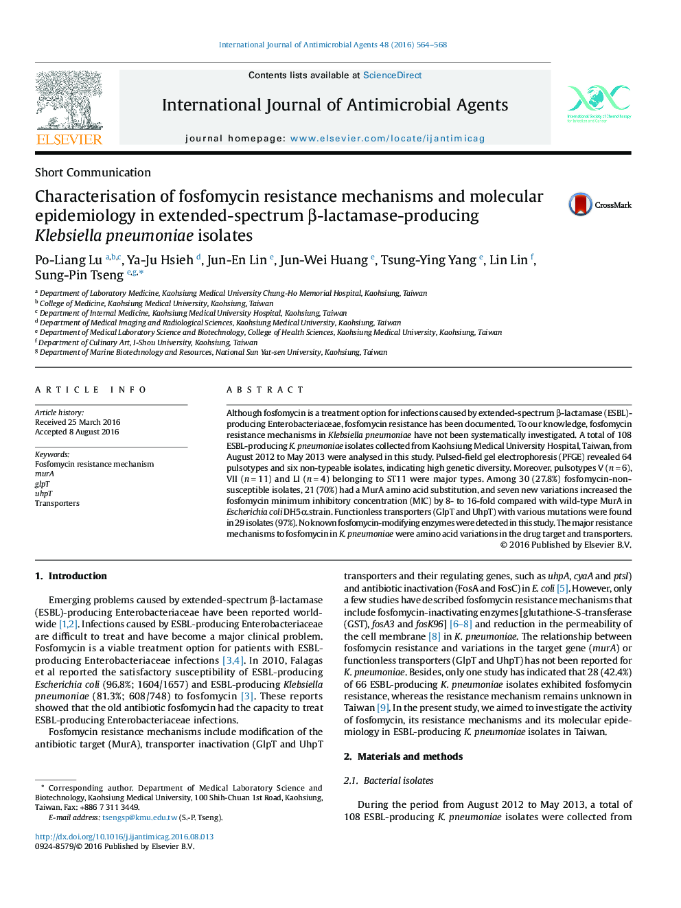 Characterisation of fosfomycin resistance mechanisms and molecular epidemiology in extended-spectrum Î²-lactamase-producing Klebsiella pneumoniae isolates
