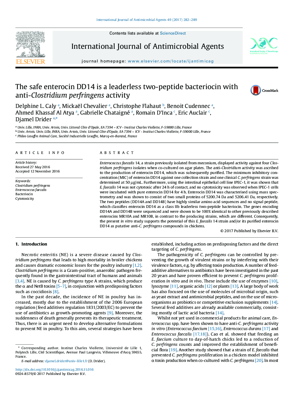 The safe enterocin DD14 is a leaderless two-peptide bacteriocin with anti-Clostridium perfringens activity