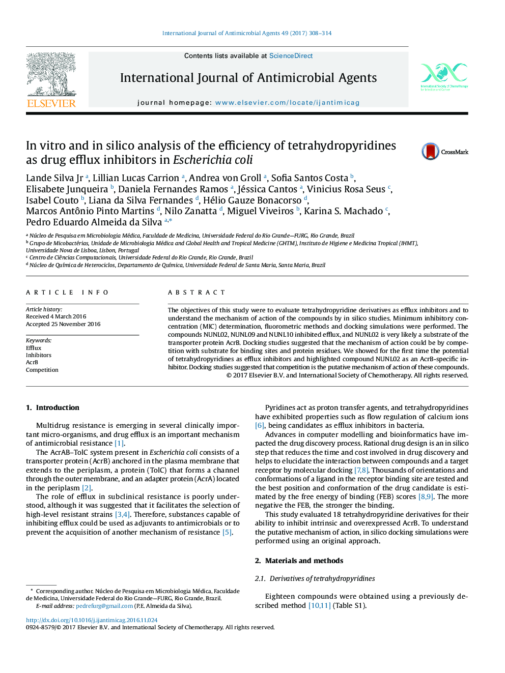 عکس صفحه اول مقاله: In vitro and in silico analysis of the efficiency of tetrahydropyridines as drug efflux inhibitors in Escherichia coli In vitro and in silico analysis of the efficiency of tetrahydropyridines as drug efflux inhibitors in Escherichia coli