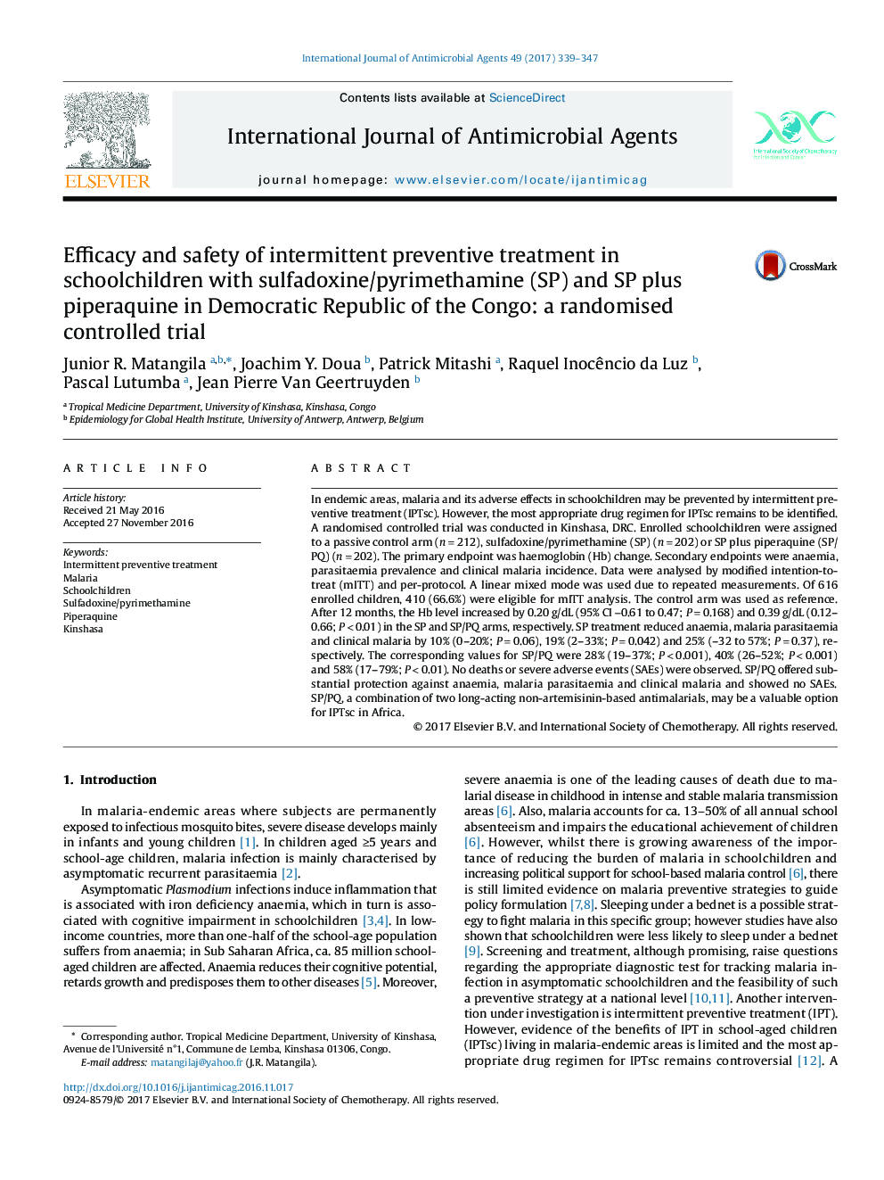 Efficacy and safety of intermittent preventive treatment in schoolchildren with sulfadoxine/pyrimethamine (SP) and SP plus piperaquine in Democratic Republic of the Congo: a randomised controlled trial