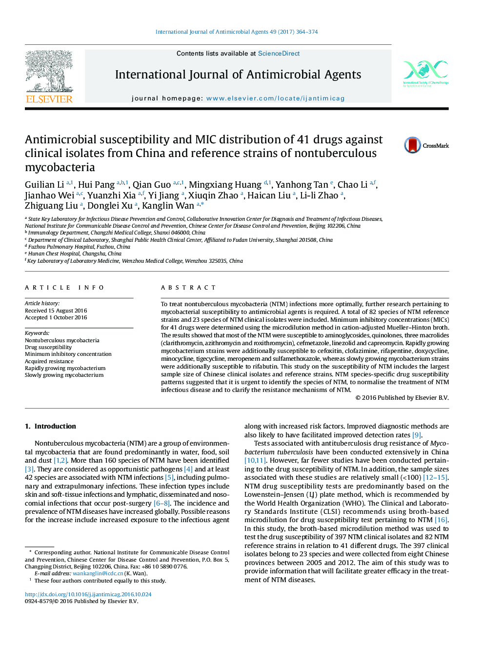 Antimicrobial susceptibility and MIC distribution of 41 drugs against clinical isolates from China and reference strains of nontuberculous mycobacteria