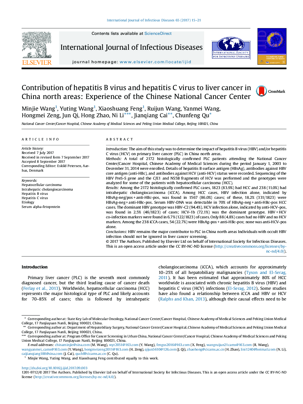 Contribution of Hepatitis B, C Virus to Liver Cancer in China North Areas: Experience from Chinese National Cancer Center