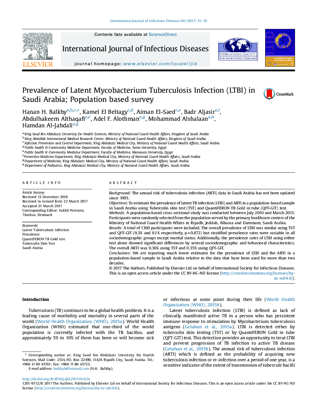 Prevalence of Latent Mycobacterium Tuberculosis Infection (LTBI) in Saudi Arabia; Population based survey